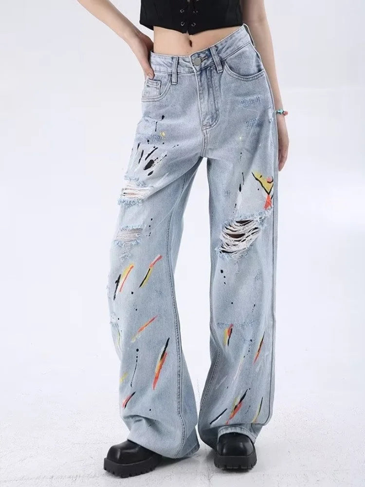 Vintage Washed Blue Graffiti Baggy Jeans