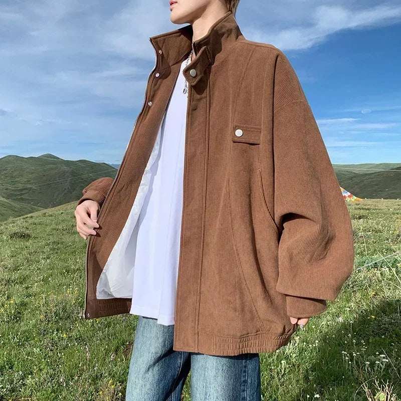 Veste zippée rétro en velours côtelé longue durée