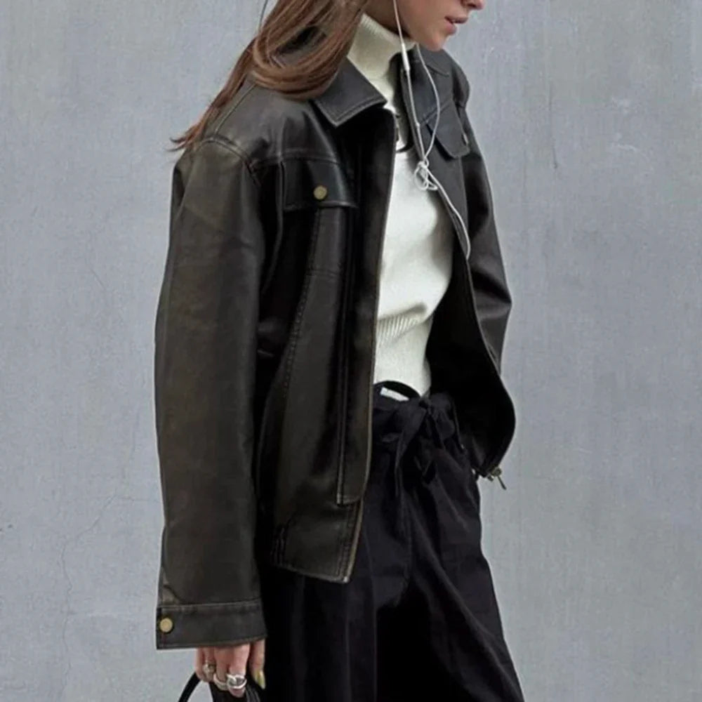 Women Chic Fashionable Zipper Leather Jacket