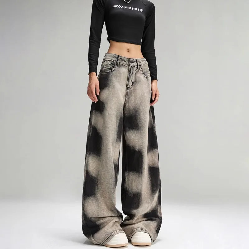 Women Vintage Grey Tie Dye Baggy Jeans