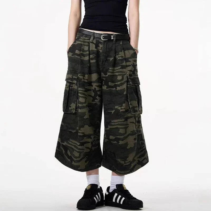 Jorts en jean à jambe large camouflage