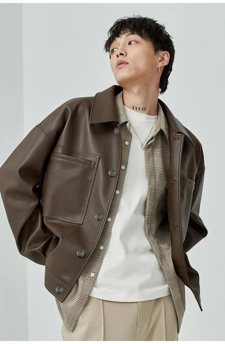 Brown And Black Oversized Faux Leather Jacket