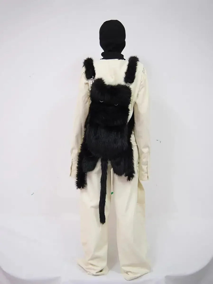 Fluffy Black Cat Backpack Bag