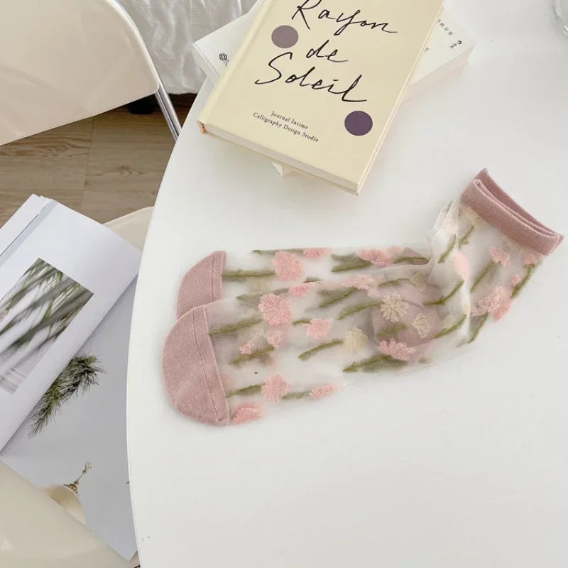 Silk Floral Summer School Socks Mid Tube