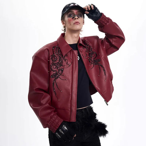 Hochwertige bestickte Patchwork-Lederjacke für Herren - rot / XL