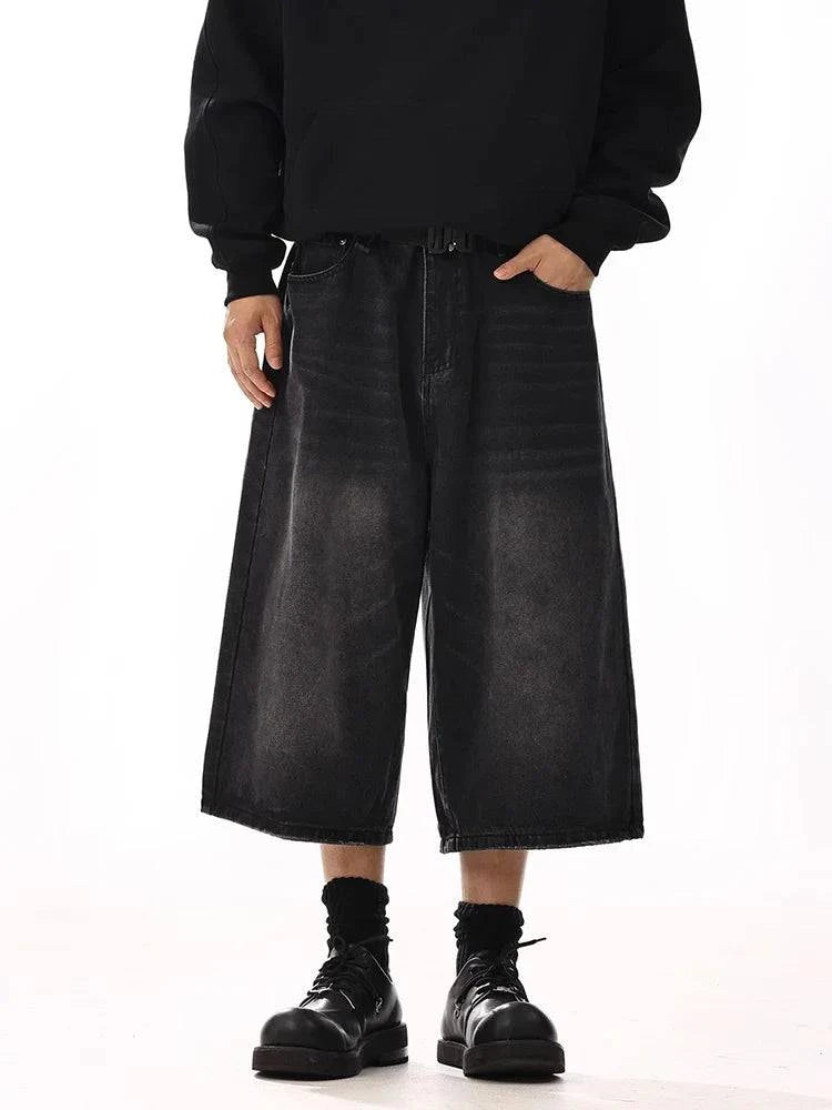 Men Black Wide Leg Cleanfit Denim Jorts