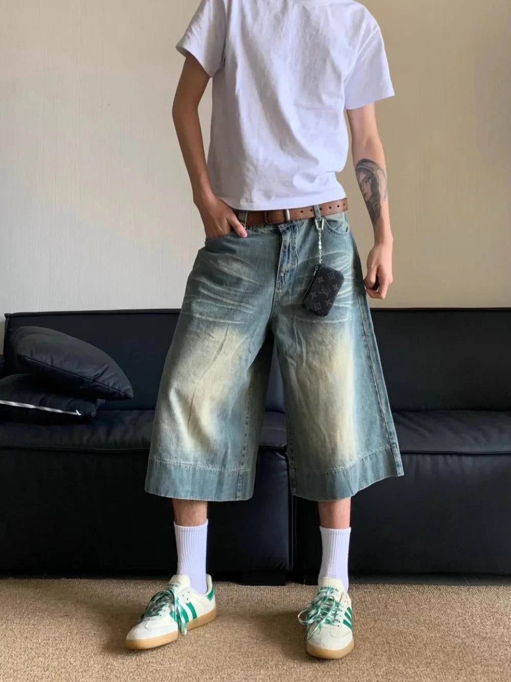 Pantalones cortos de pierna ancha en azul lavado