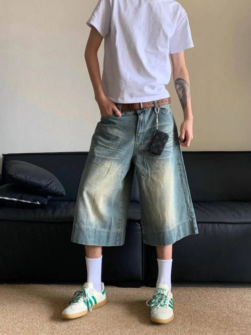 Gewaschene blaue weite Jorts - blau / S