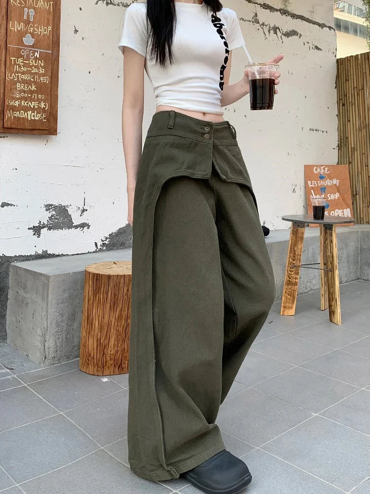 Vintage Army Green Patchwork Baggy Jeans