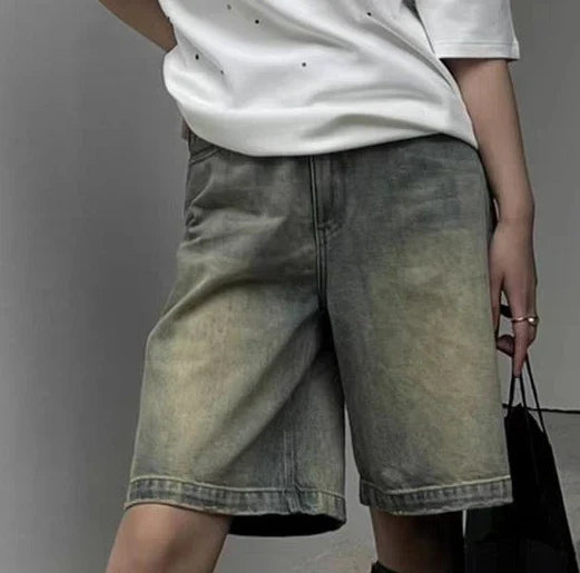 Pantaloncini di jeans da donna a vita alta, stile streetwear