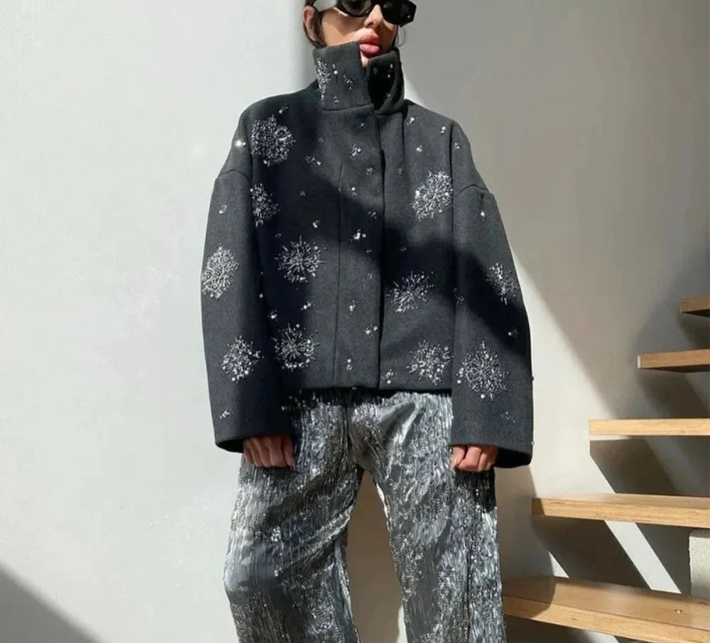 Relaxed Diamond Spliced Loose Stand Neck Jacket