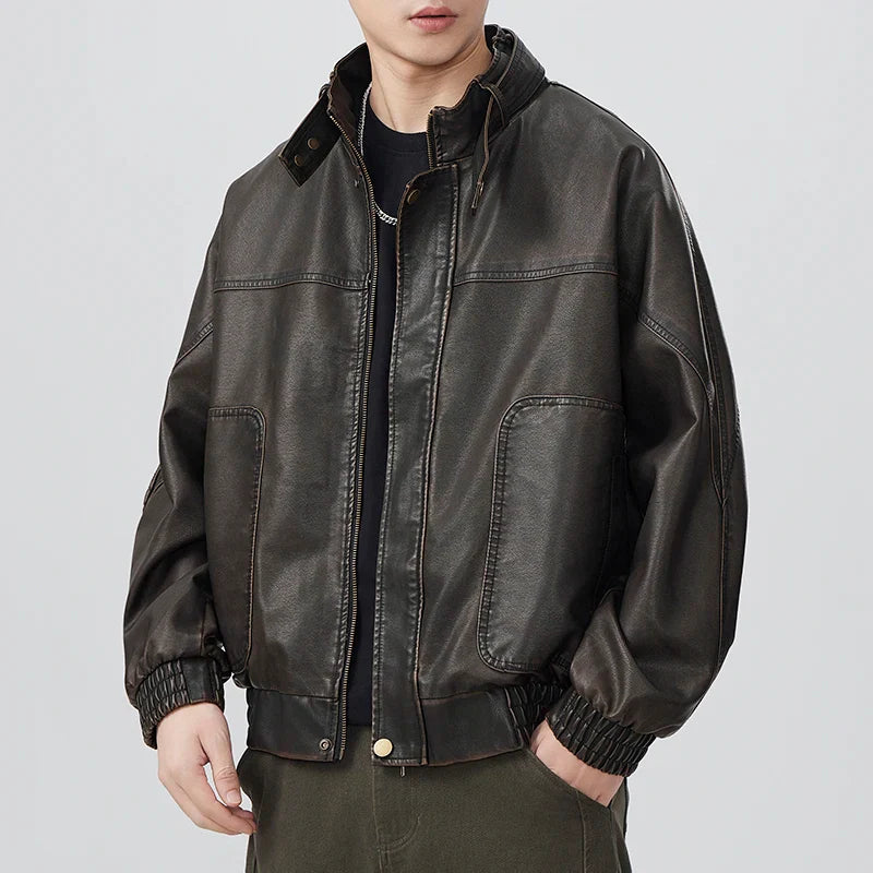 Men Vintage Japanese Style Motorcycle Leather Jacket