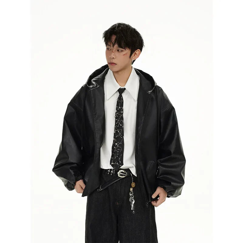 Classic Vintage Bomber Hooded PU Leather Jacket