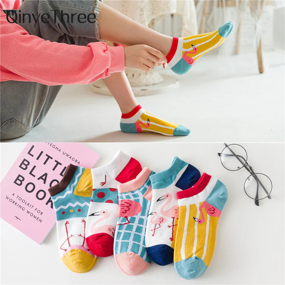 Colorful Flamingo Patterned Short Ankle Socks
