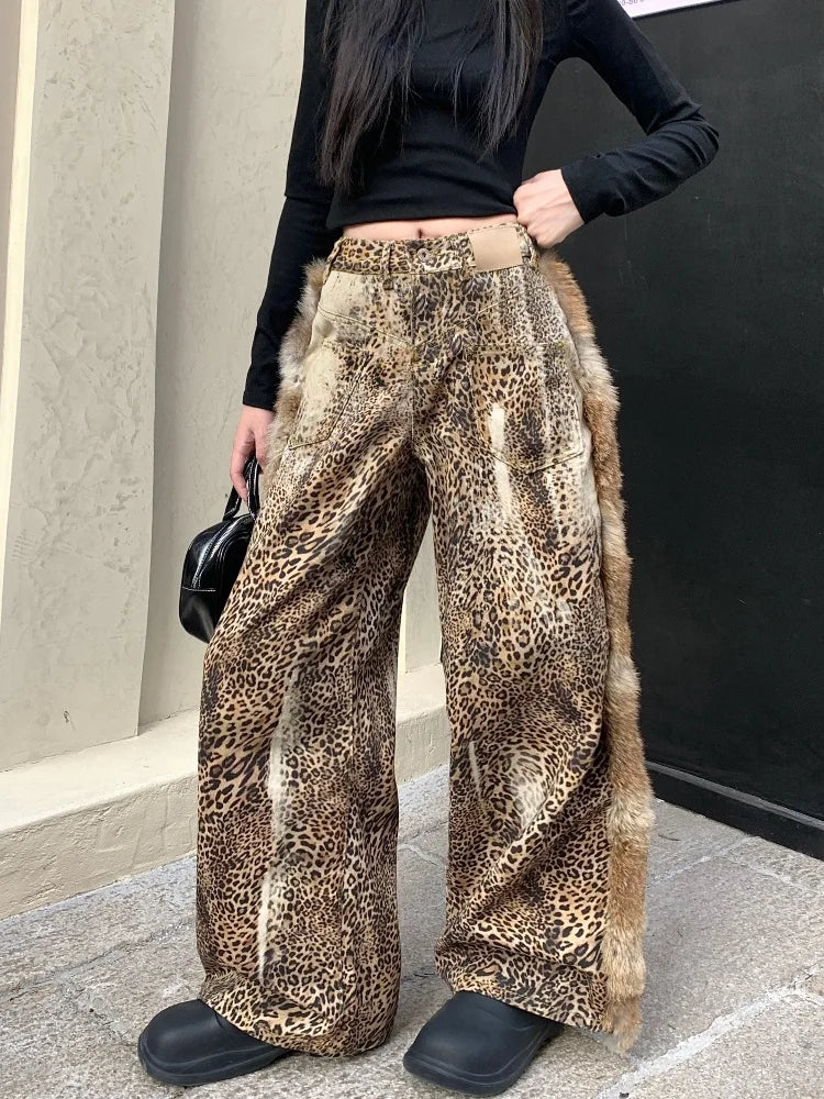 Leopard Patchwork Baggy Vintage Wide Jeans