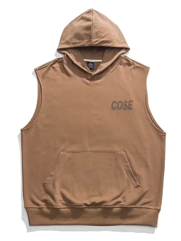 Ärmelloses Baumwoll-Tanktop mit Buchstabenaufdruck und Kapuzen-T-Shirt
