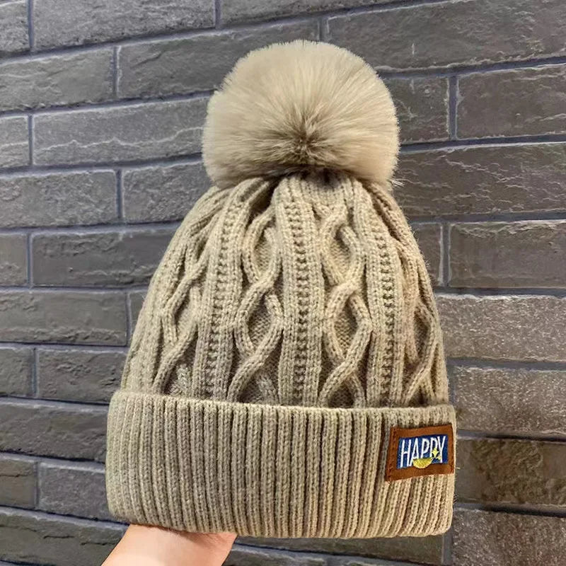 Winter Thick Fur Ball Knitted Beanie