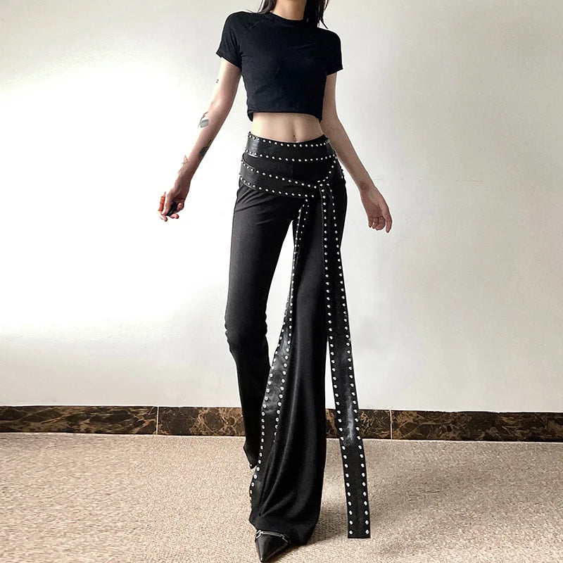 Women Solid High Waist Flare Leather Pants