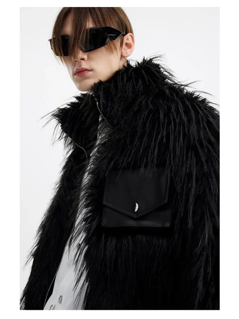 Luxury Black Patchwork Faux Fur Jacket