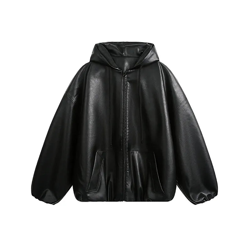 Classic Vintage Bomber Hooded PU Leather Jacket