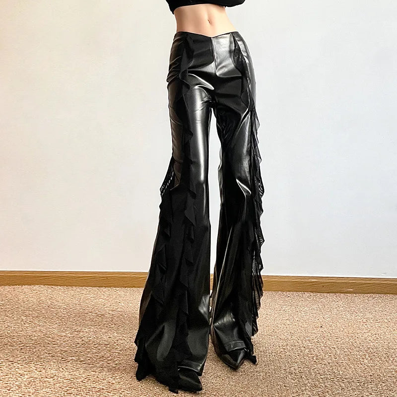 Faux Patchwork Mesh High Leather Pants