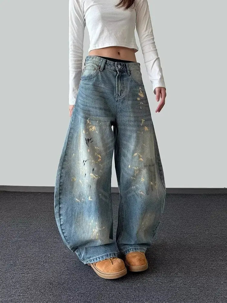 Women Vintage Blue Ink Paint Wide Jeans
