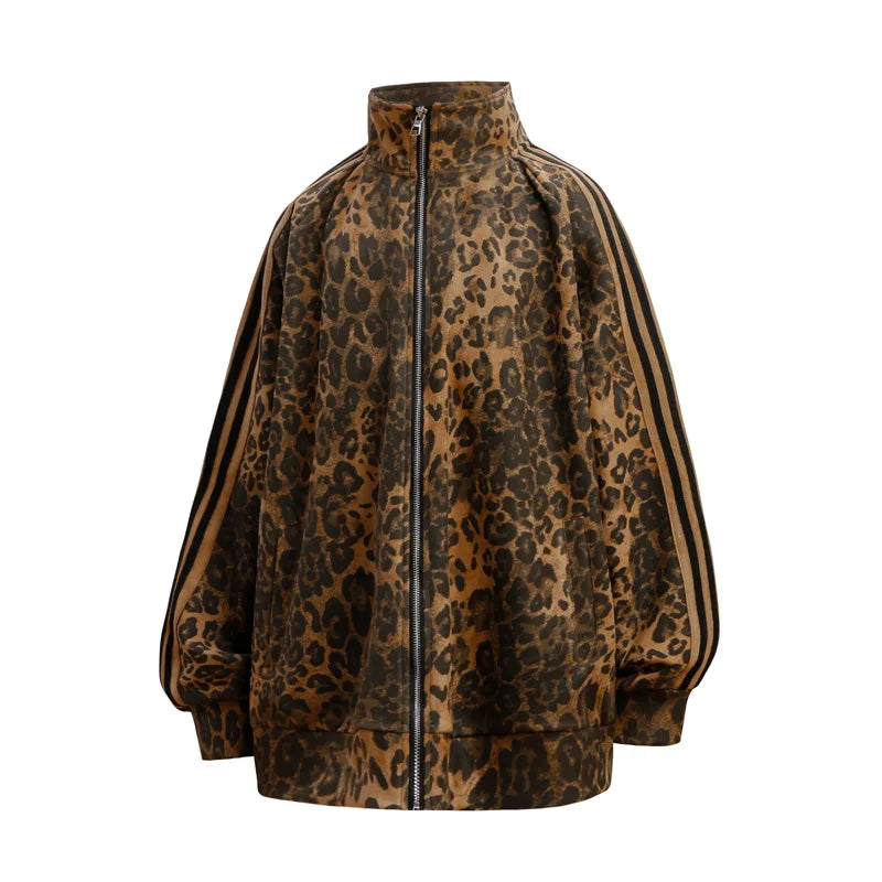 Leopard Zipper Retro Stand-Up Collar Suede Jacket