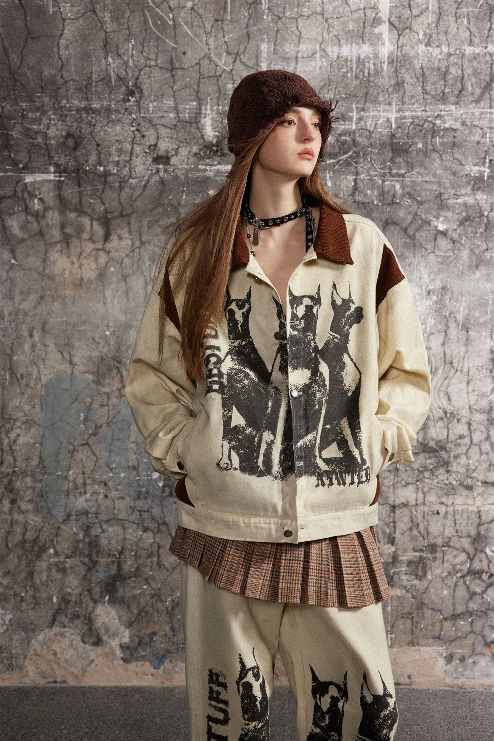 Cozy Distressed Dog Head Graffiti Lapel Jacket