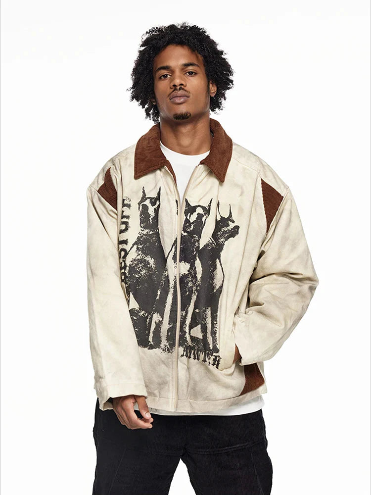 Cozy Distressed Dog Head Graffiti Lapel Jacket