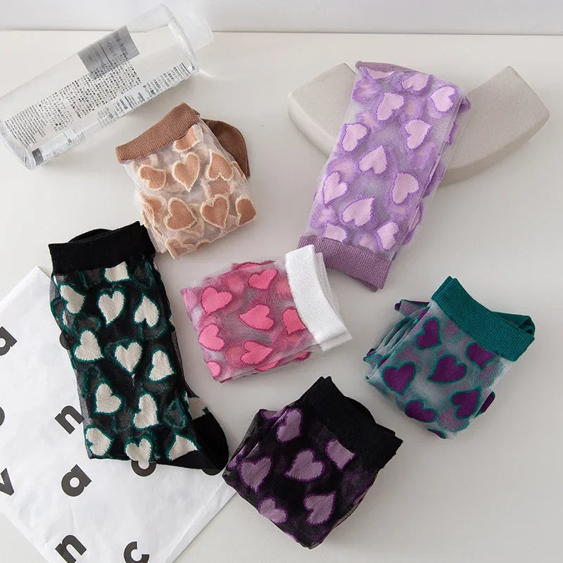 Crystal Heart Print Ultra Thin Socks