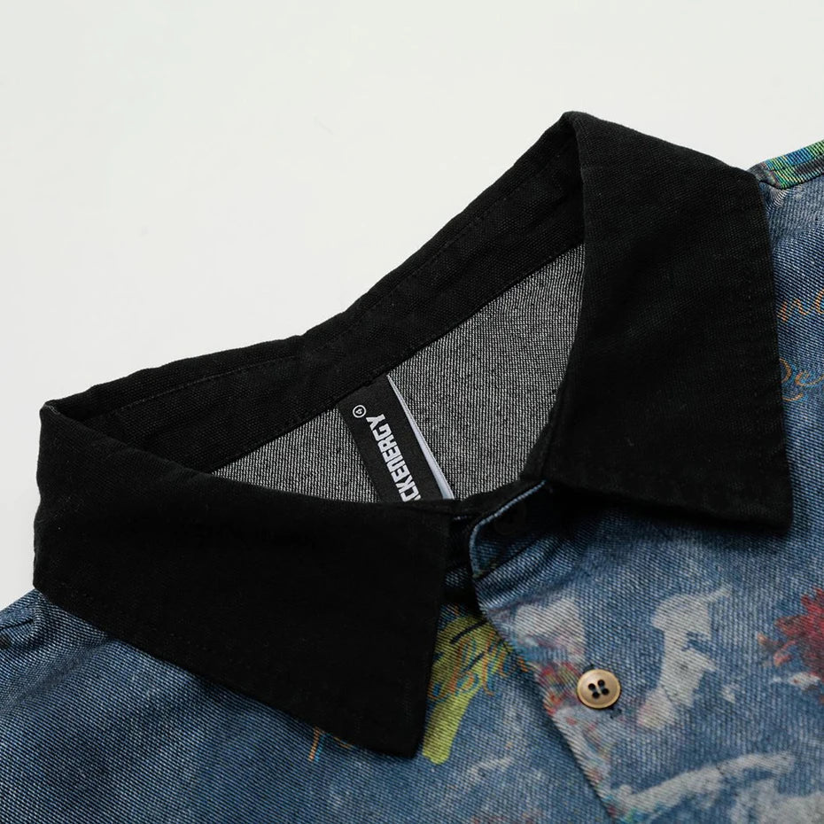 Oversized Graffiti Printed Vintage Denim Shirt