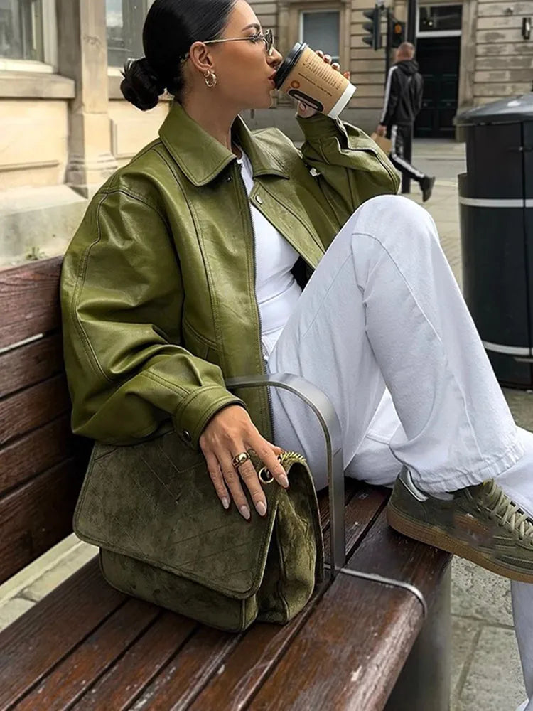 Veste en cuir PU verte décontractée chic à col à revers pour femme