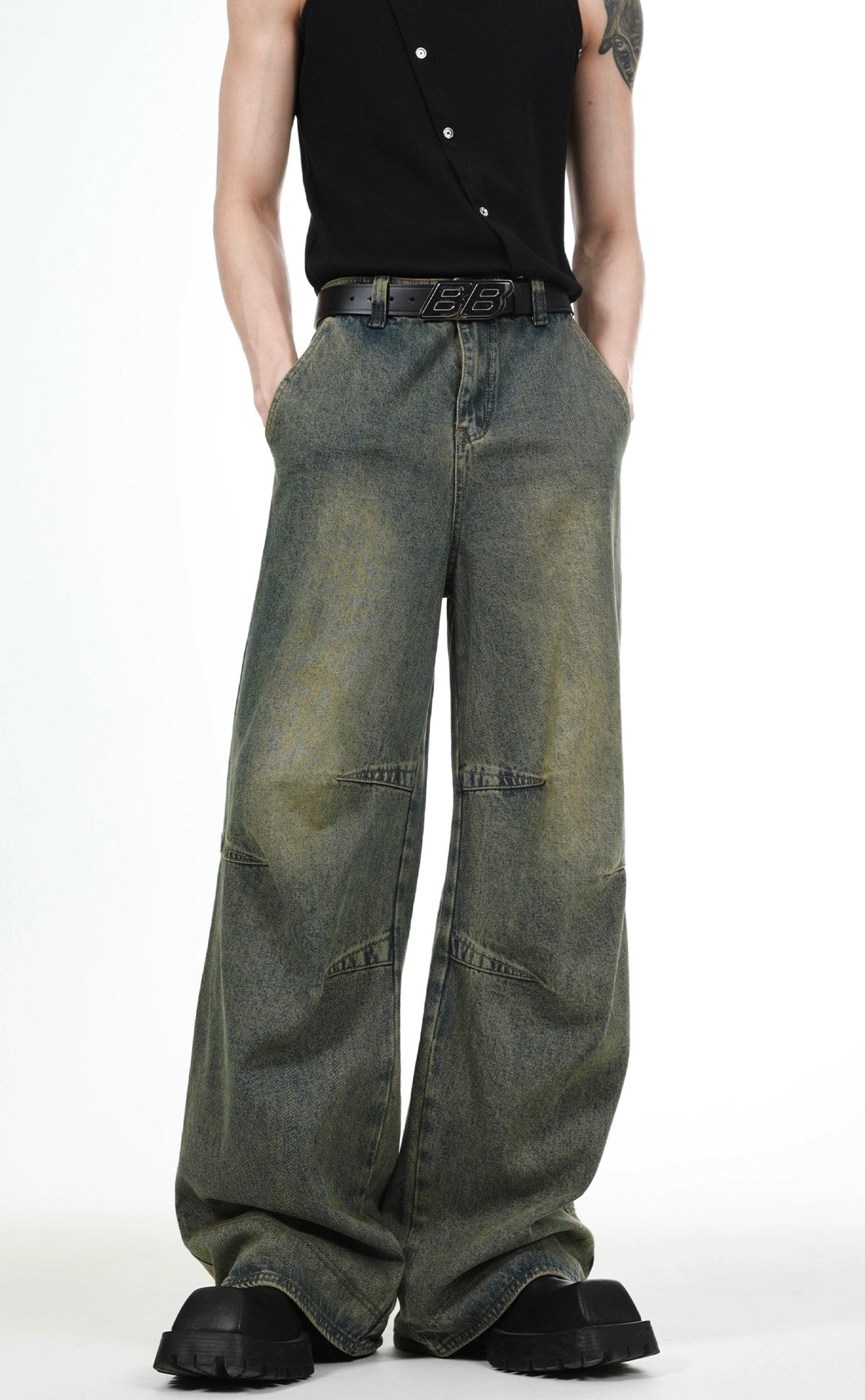 Shoulder-pad Denim Jacket & Wide-leg Denim Jeans Setup
