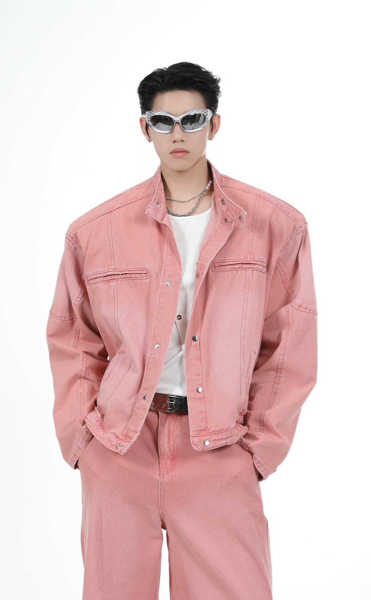 Shoulder-pad Denim Jacket & Wide-leg Denim Jeans Setup