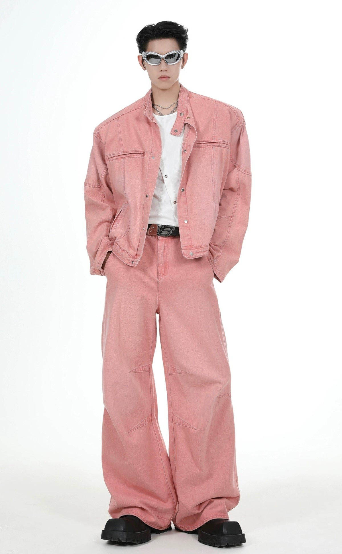 Shoulder-pad Denim Jacket & Wide-leg Denim Jeans Setup
