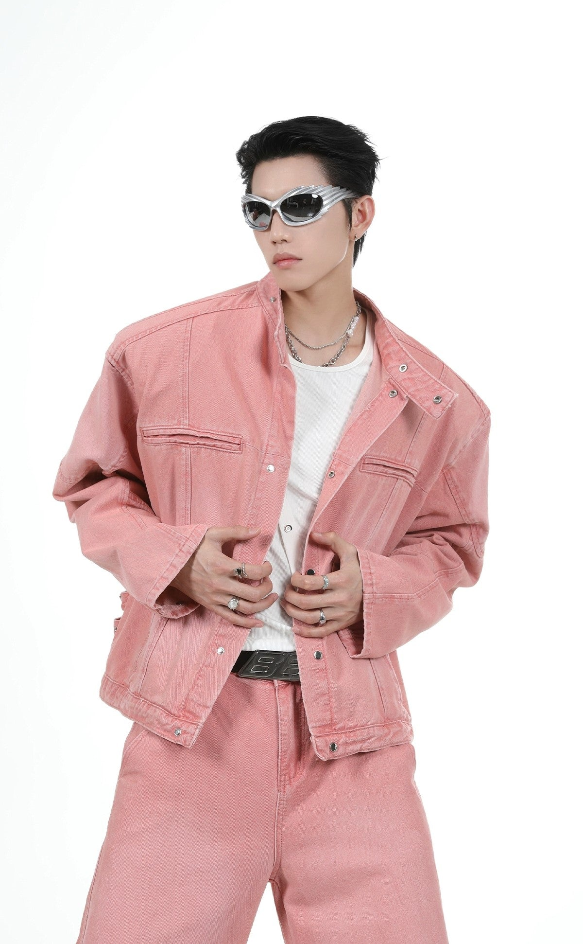 Shoulder-pad Denim Jacket & Wide-leg Denim Jeans Setup