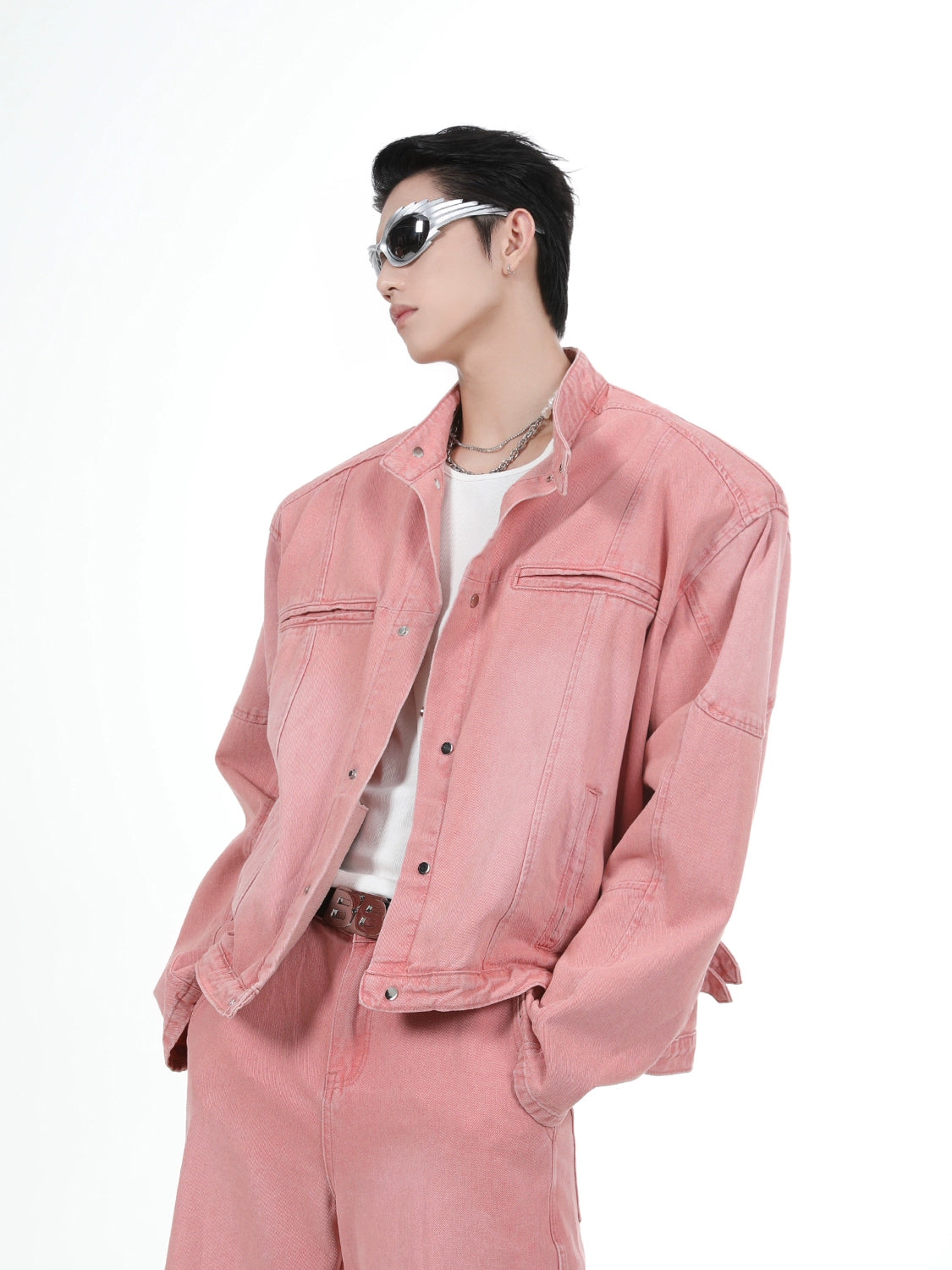 Shoulder-pad Denim Jacket & Wide-leg Denim Jeans Setup