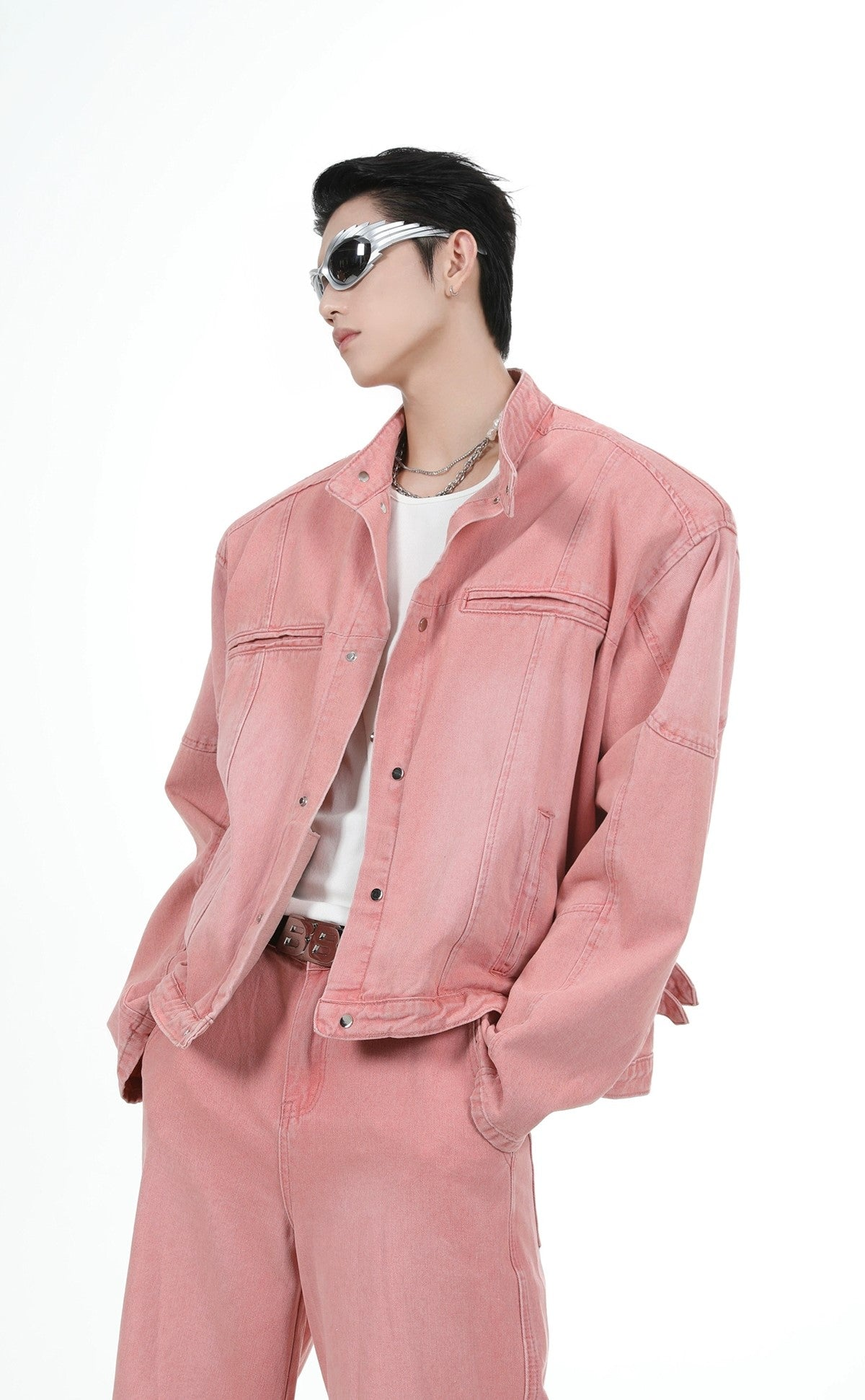 Shoulder-pad Denim Jacket & Wide-leg Denim Jeans Setup