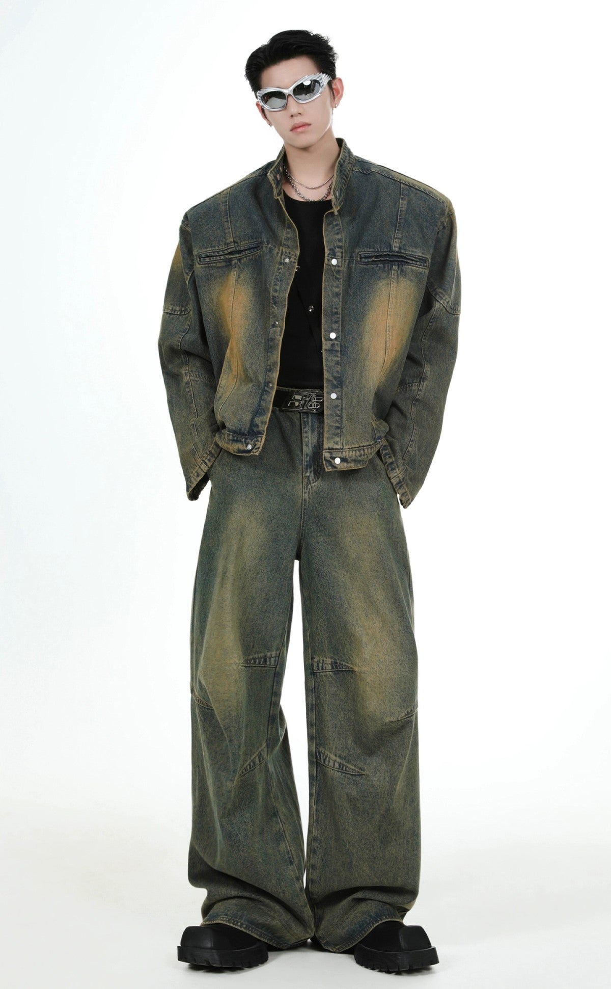 Shoulder-pad Denim Jacket & Wide-leg Denim Jeans Setup