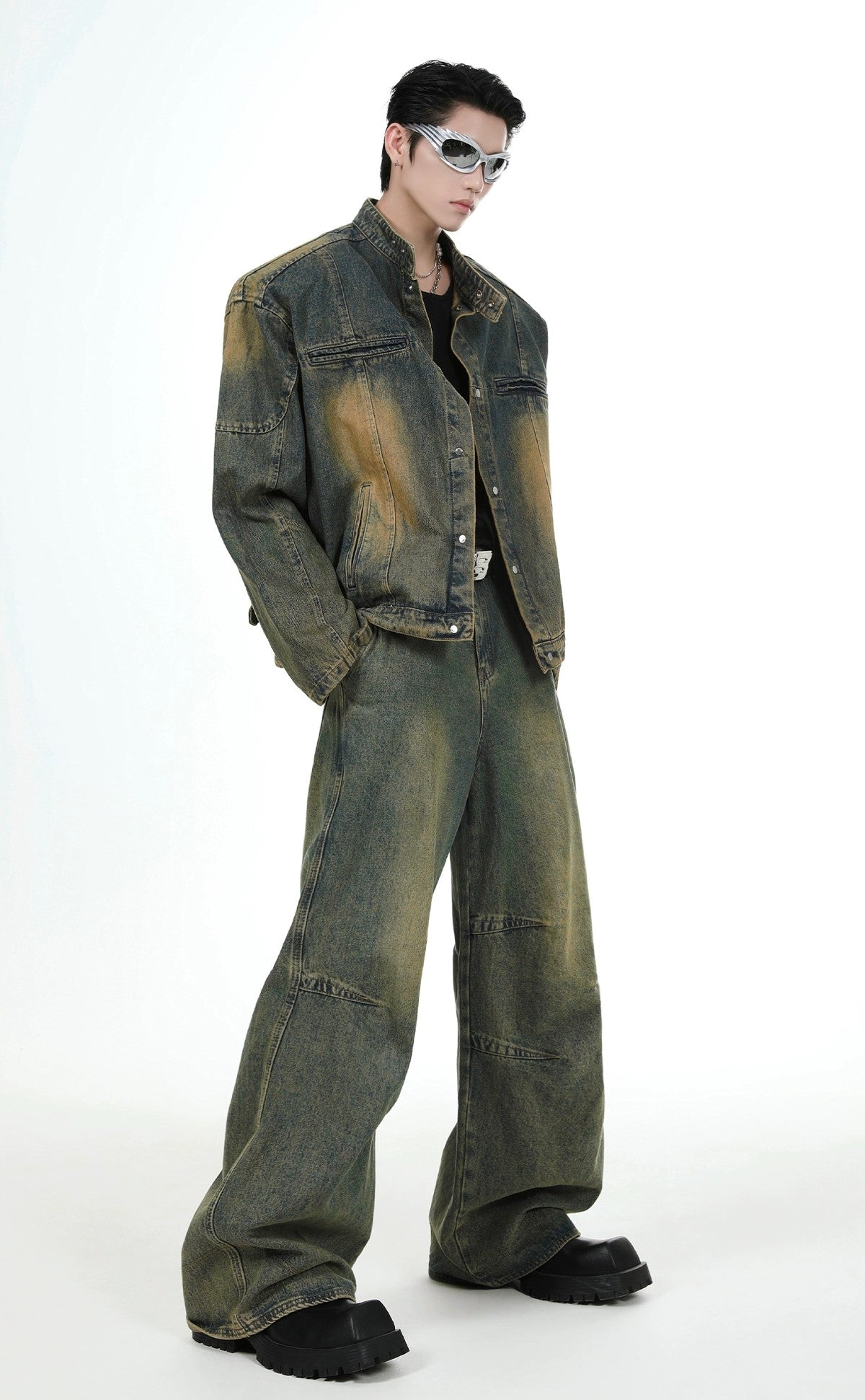 Shoulder-pad Denim Jacket & Wide-leg Denim Jeans Setup