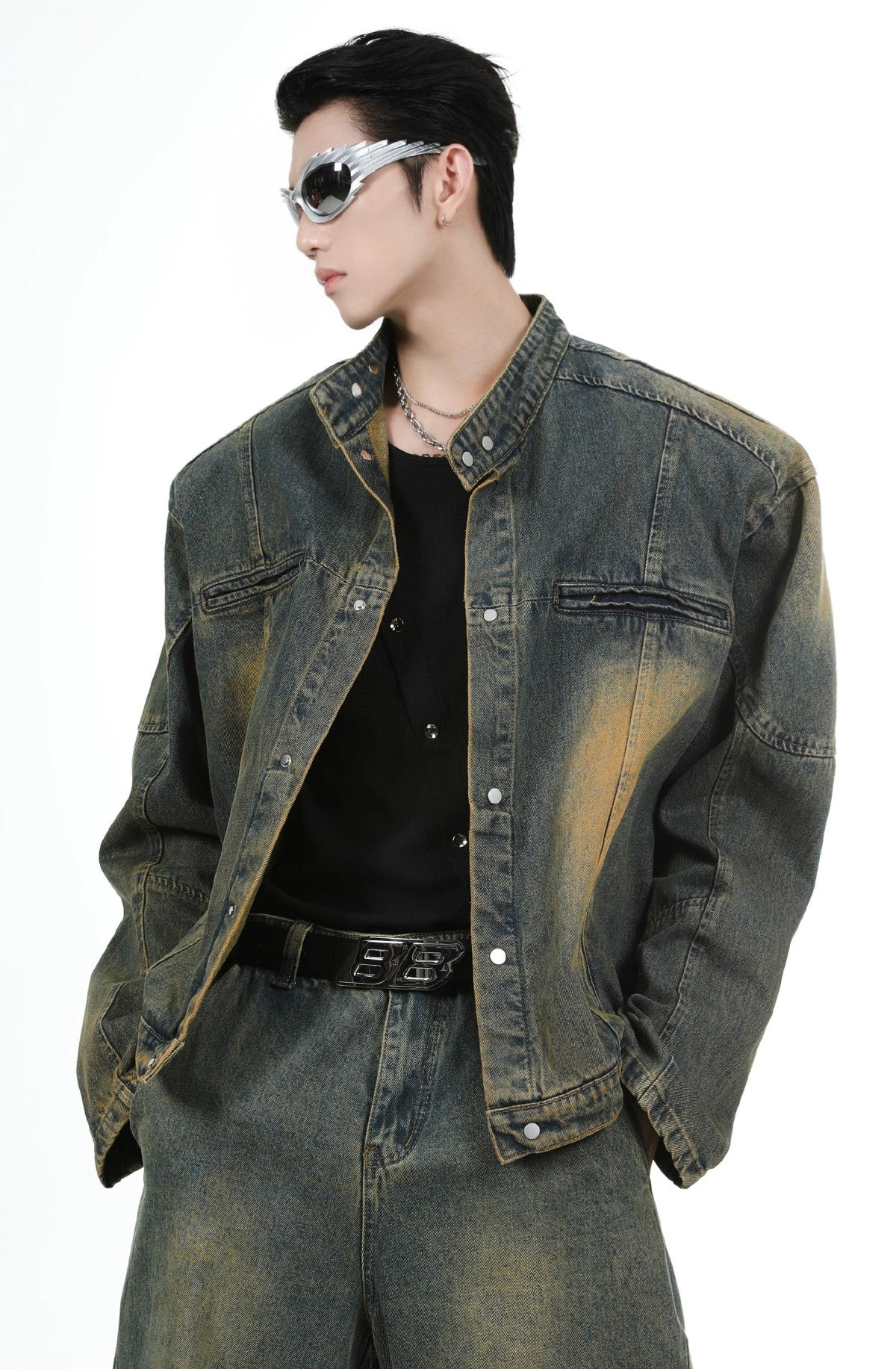 Shoulder-pad Denim Jacket & Wide-leg Denim Jeans Setup