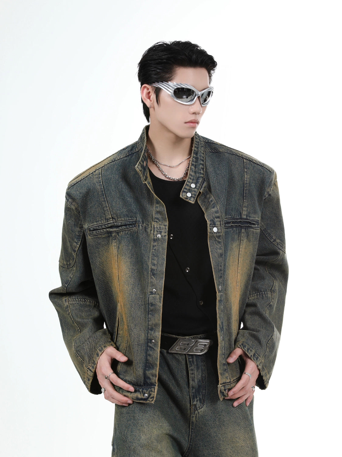 Shoulder-pad Denim Jacket & Wide-leg Denim Jeans Setup