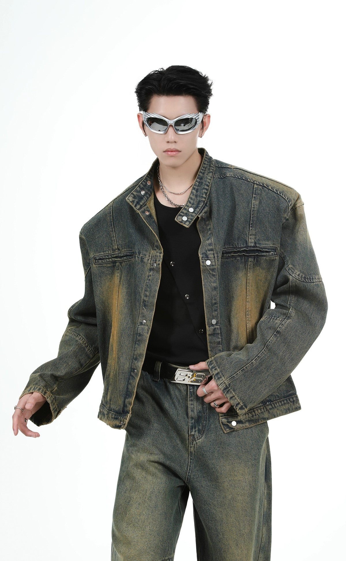 Shoulder-pad Denim Jacket & Wide-leg Denim Jeans Setup