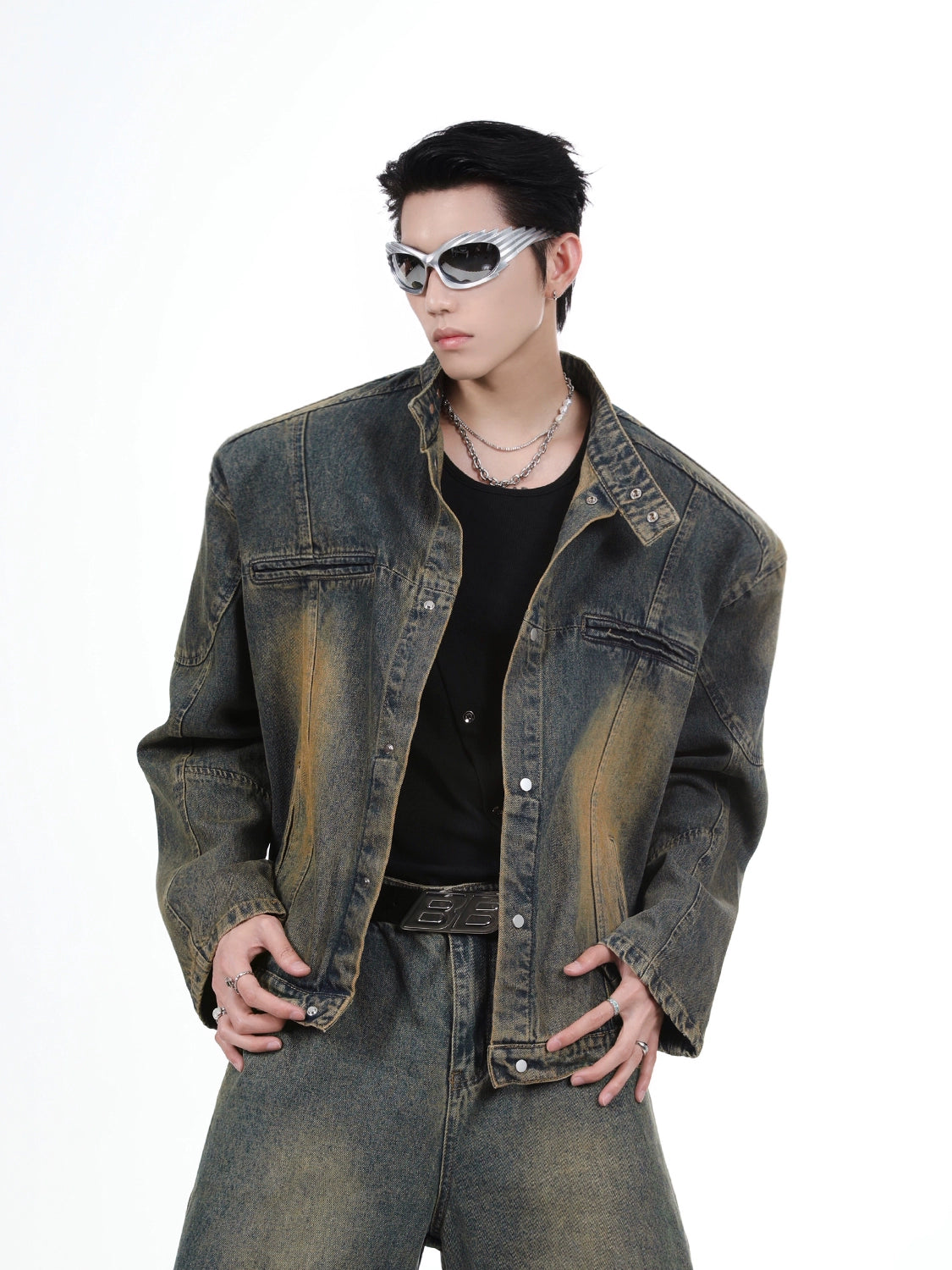 Shoulder-pad Denim Jacket & Wide-leg Denim Jeans Setup