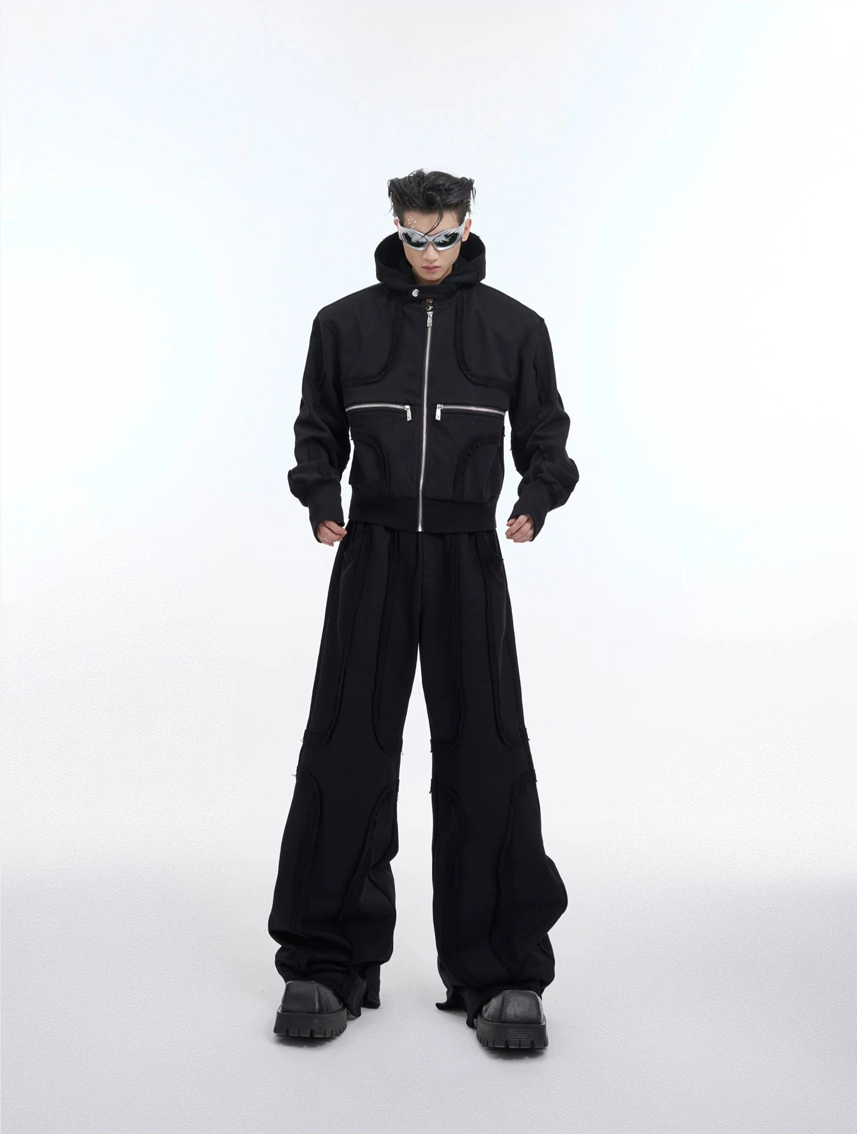 Sporty Short Shoulder Pads Hooded Jacket & Wide-leg Cargo Pants Setup