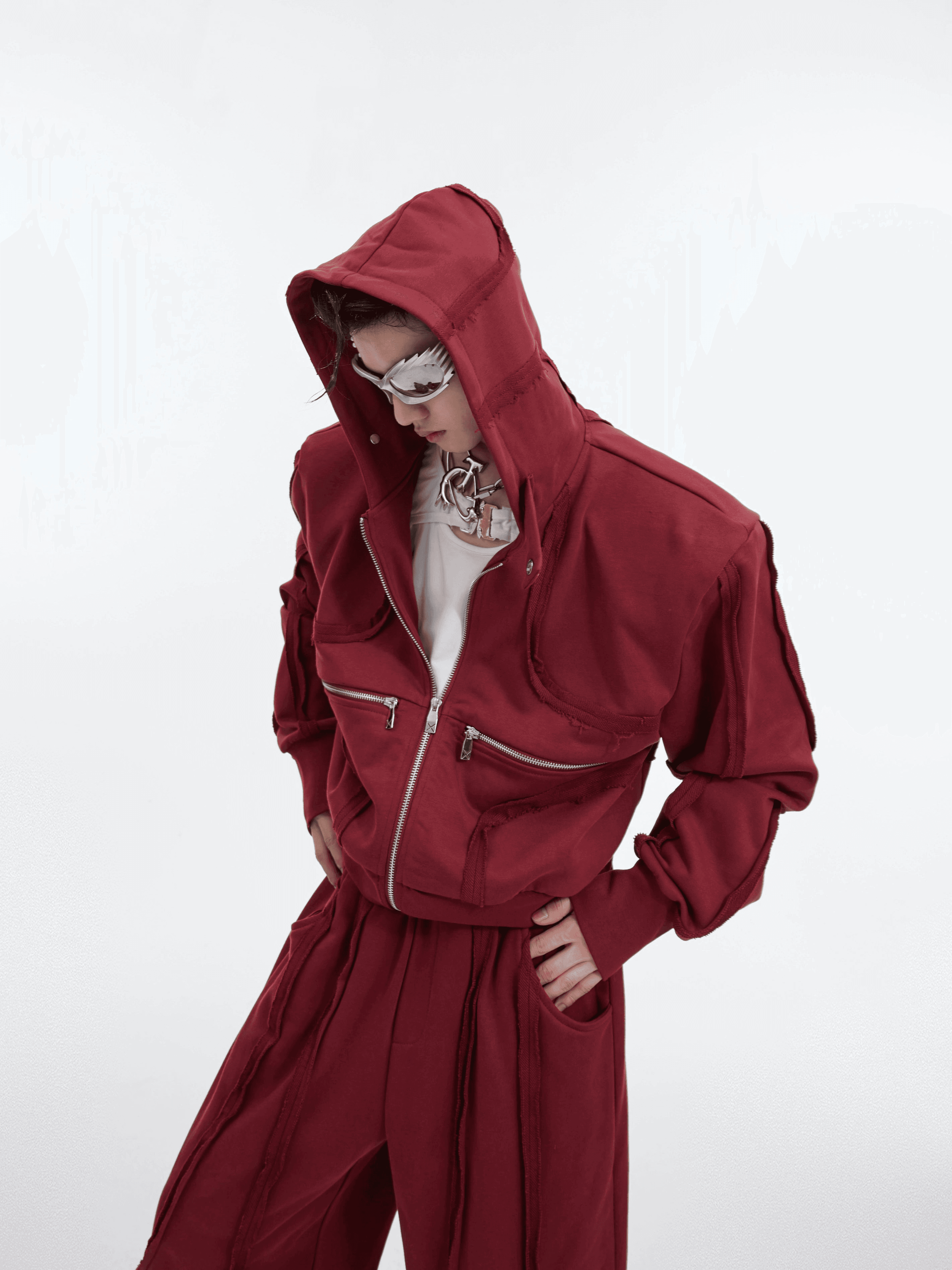 Sporty Short Shoulder Pads Hooded Jacket & Wide-leg Cargo Pants Setup