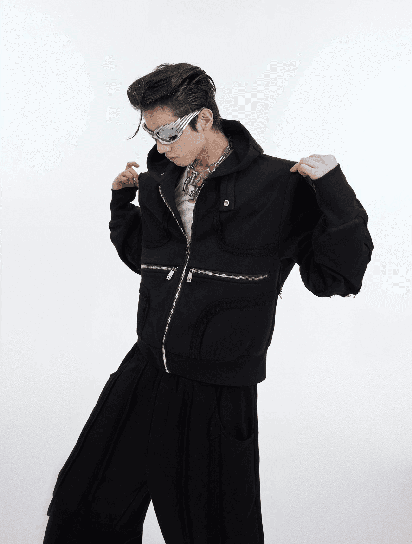 Sporty Short Shoulder Pads Hooded Jacket & Wide-leg Cargo Pants Setup