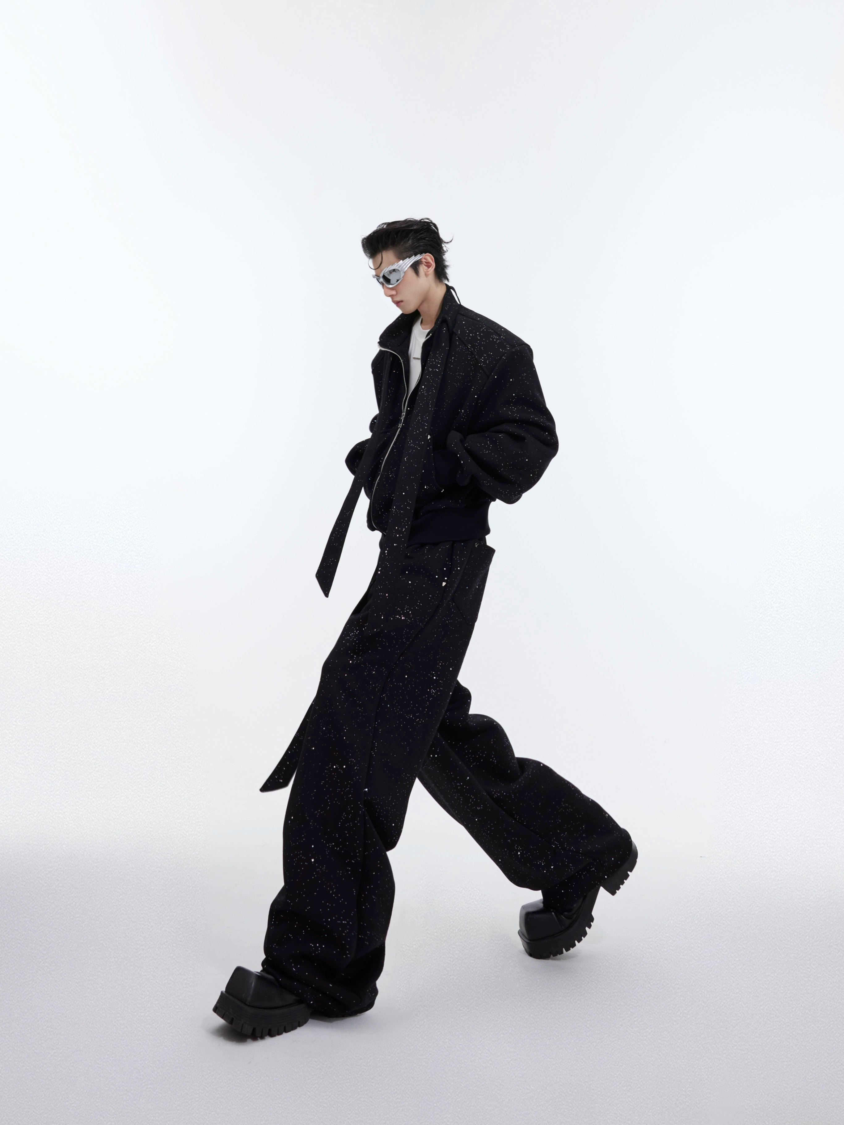 Standing-Collar Zipper Jacket & Wide-leg Sweatpants Setup