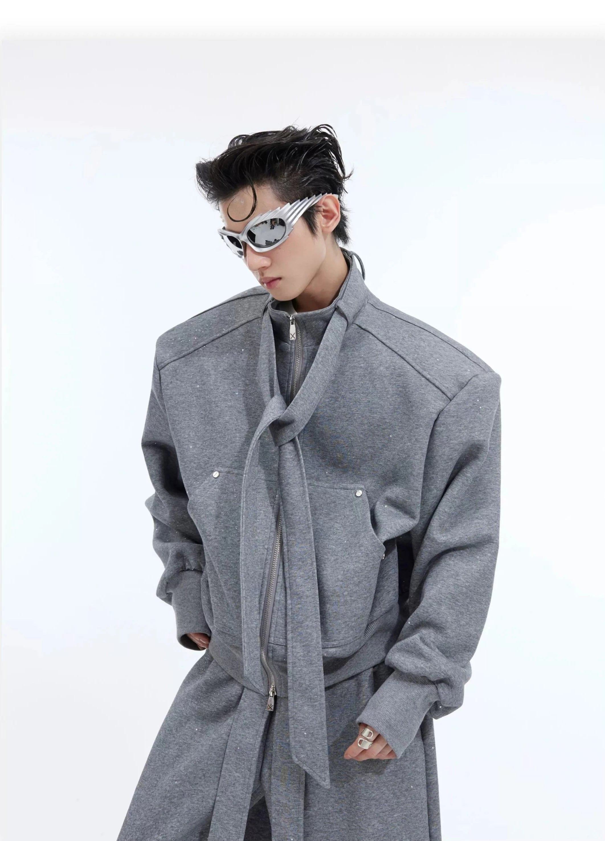 Standing-Collar Zipper Jacket & Wide-leg Sweatpants Setup