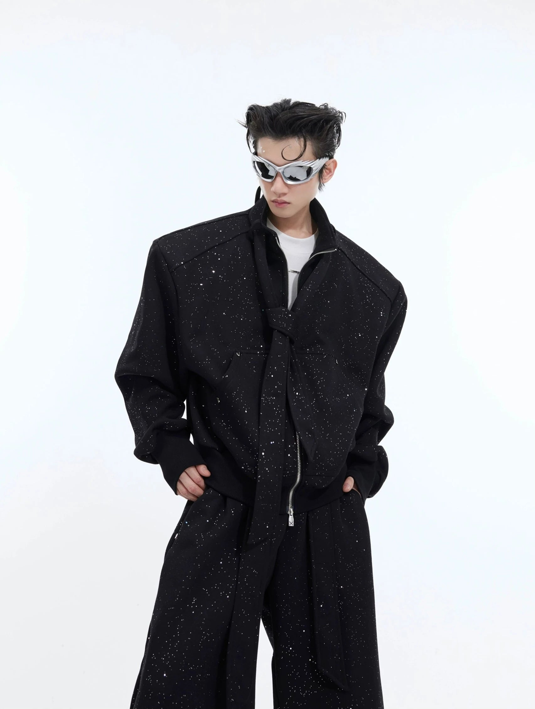 Standing-Collar Zipper Jacket & Wide-leg Sweatpants Setup